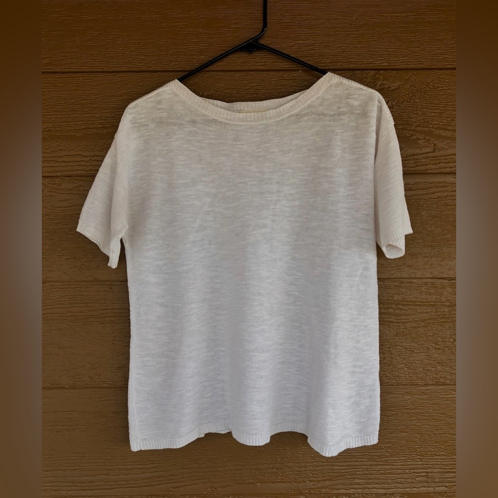 Eileen Fisher White Linen/Cotton Blend Short-Sleeve Knit Top Sz XS